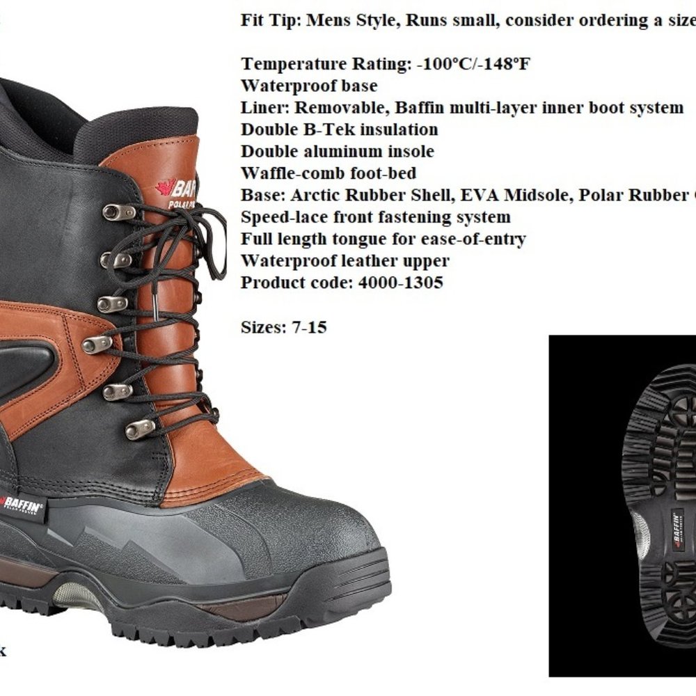 New Men's Baffin APEX boots Temperature Rating: -100ºC/-148ºF
